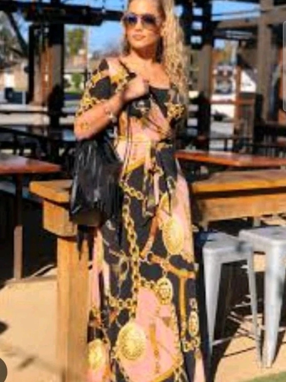Ashley Stewart Pink and Black New Chain-Print Long Maxi Dress